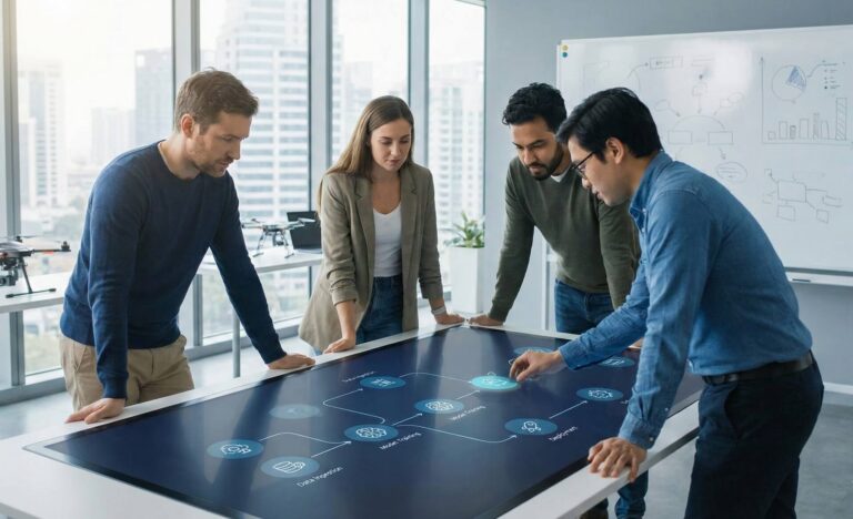 Profesional actuando como AI Project Manager coordinando equipos y sistemas de IA