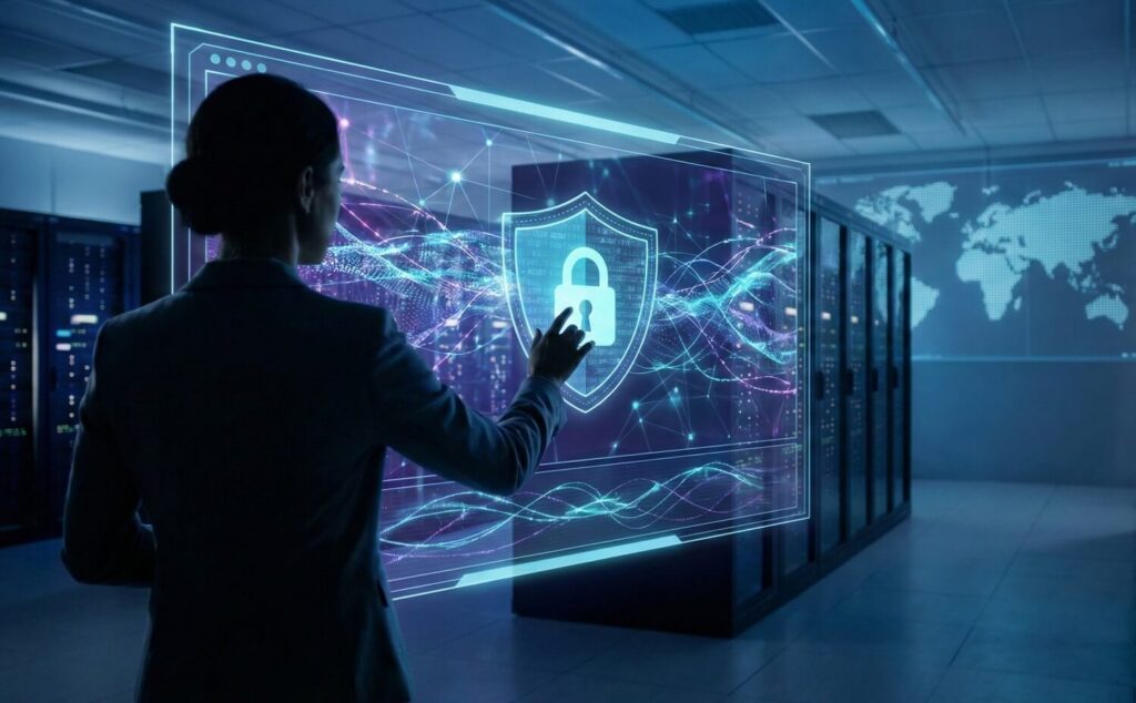 Infografía de las capas de seguridad informática 2026 y protección de datos con IA