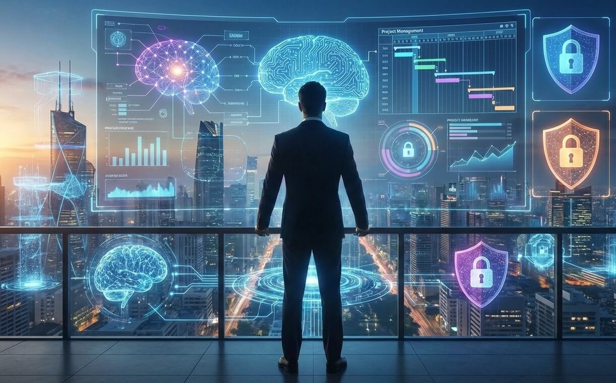 AI Project Manager supervisando un tablero de gestión de proyectos con métricas de seguridad e IA