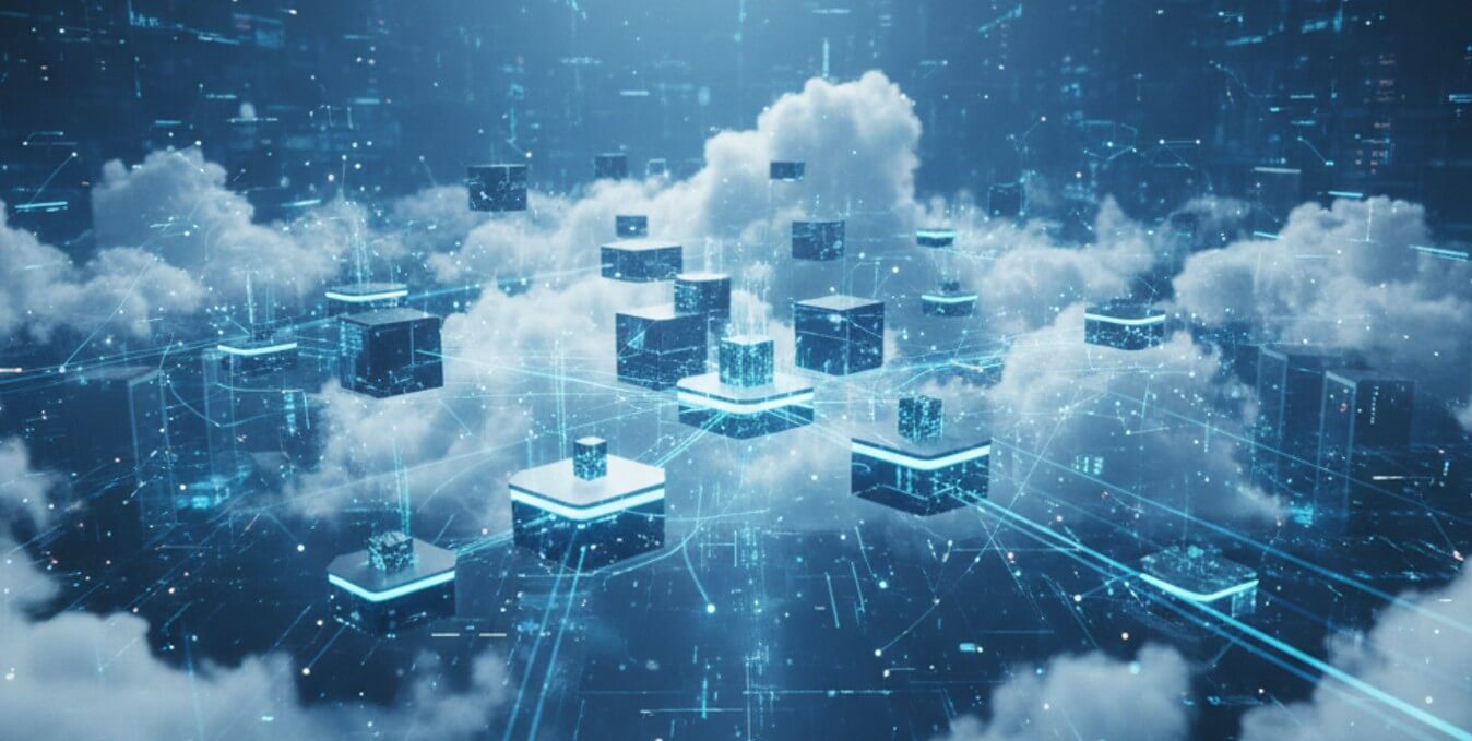 Representación visual de arquitectura Cloud Native con contenedores digitales interconectados en una infraestructura de nube escalable