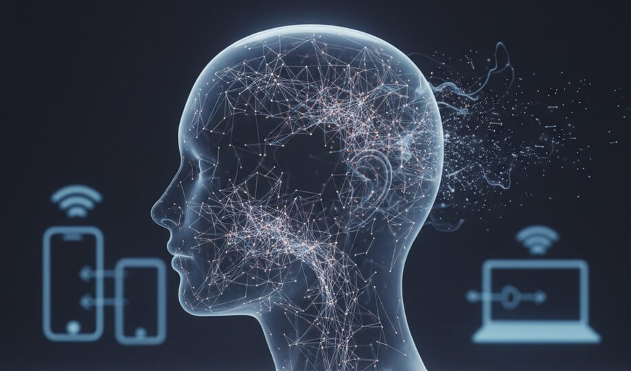 Representación conceptual de la atrofia cognitiva por el uso excesivo de tecnología Representación conceptual de la atrofia cognitiva por el uso excesivo de tecnología