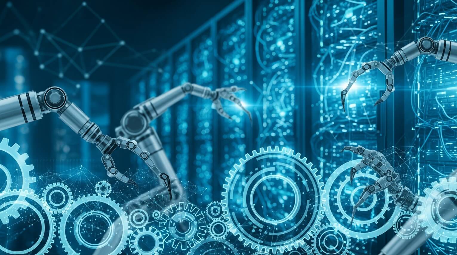 Representación visual de automatización IT mediante engranajes digitales e interacción robótica con infraestructura de servidores