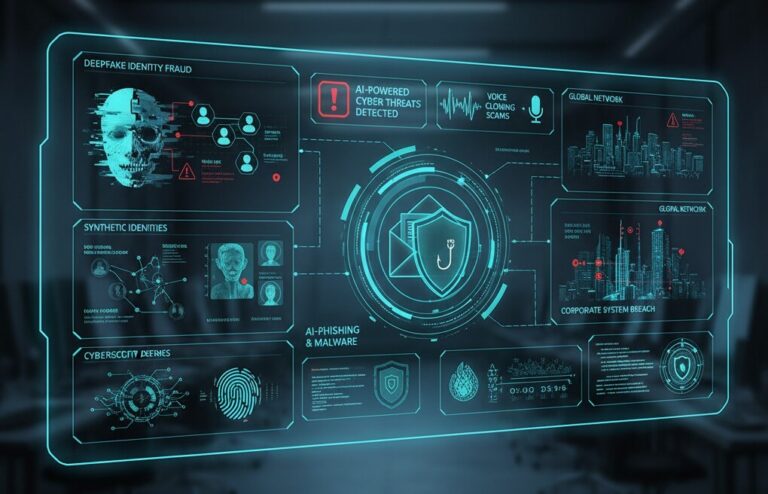 Cibercrimen con inteligencia artificial en 2026 mostrando deepfakes, phishing avanzado y amenazas digitales