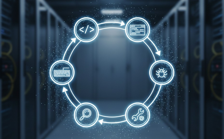 Diagrama conceptual del ciclo de vida del desarrollo de software (SDLC) mostrando etapas interconectadas en un entorno digital profesional