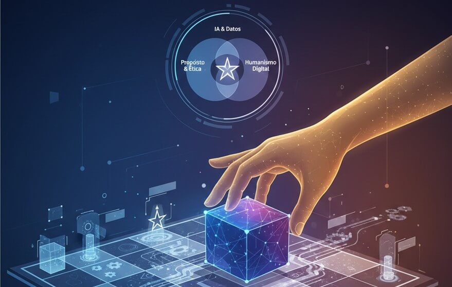 Ilustración de una mano humana moviendo una pieza de datos en un tablero estratégico, representando el liderazgo en la era digital