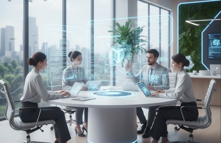 Entorno de trabajo moderno y minimalista donde humanos interactúan con interfaces holográficas de inteligencia artificial para tareas creativas
