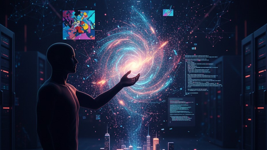 Una explosión de partículas de datos y luz formando formas artísticas y estructuras de código, representando el poder creativo de la GenAI