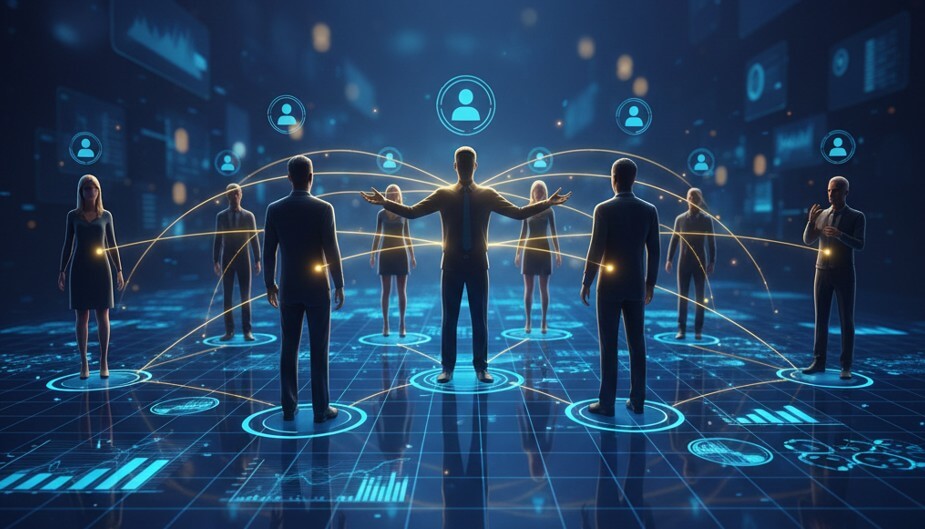 Ilustración de liderazgo digital que muestra a un guía coordinando a un equipo conectado por redes de luz en un entorno tecnológico