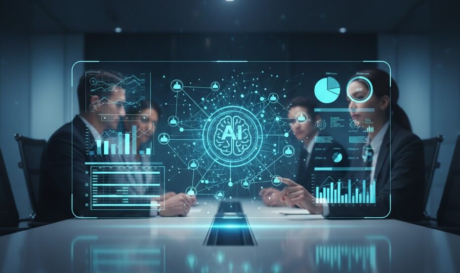 Interfaz holográfica avanzada de gestión de proyectos mostrando cronogramas y nodos de tareas organizados por inteligencia artificial