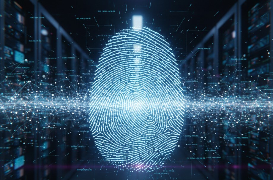 Representación conceptual de una huella dactilar humana formada por circuitos brillantes y flujos de datos, simbolizando la identidad cognitiva en la red