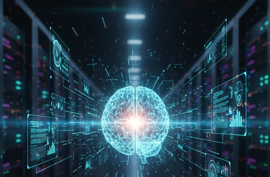 Representación de un núcleo cerebral digital rodeado de flujos de datos en un centro de procesos moderno