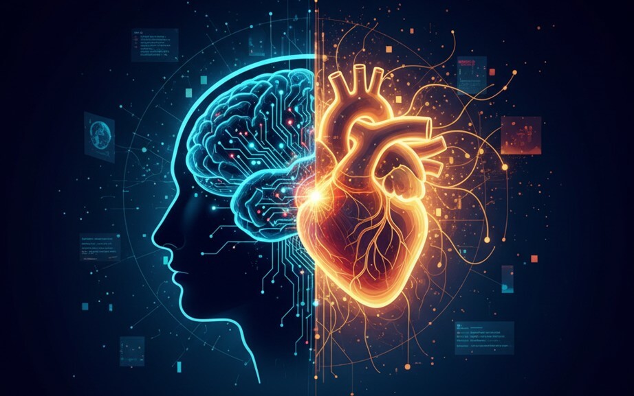 Ilustración conceptual de la inteligencia emocional que muestra la unión de circuitos digitales con la calidez de las emociones humanas