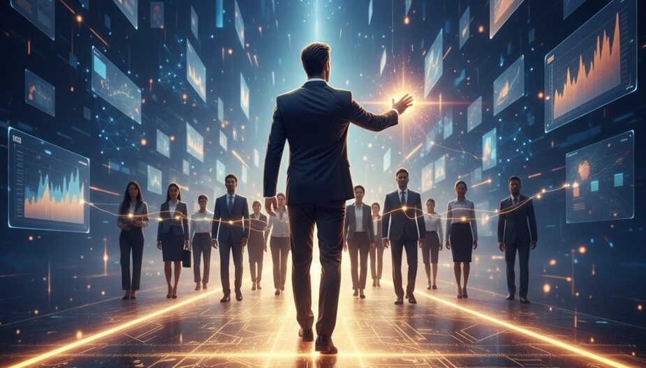 Figura de líder caminando sobre un sendero de luz dorada en un entorno digital, guiando a otras personas