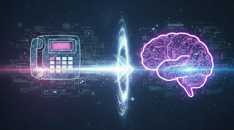 Infografía conceptual que muestra la evolución tecnológica: a la izquierda, un terminal clásico de Ibertex representando los inicios digitales; una flecha de luz central conecta hacia la derecha con un cerebro humano digitalizado y brillante que simboliza la Inteligencia Artificial. El diseño tiene un estilo futurista y limpio sobre un fondo tecnológico oscuro