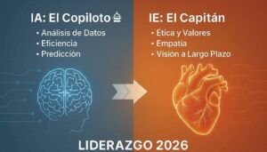 Infografía comparativa entre IA como copiloto técnico e Inteligencia Emocional como capitán del liderazgo en 2026