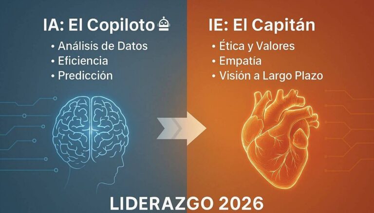 Infografía comparativa entre IA como copiloto técnico e Inteligencia Emocional como capitán del liderazgo en 2026