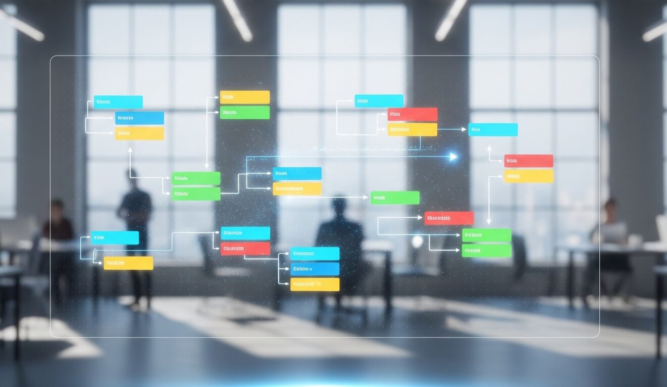 Tablero Kanban digital dinámico representando la agilidad y el flujo de trabajo en la gestión de proyectos de software