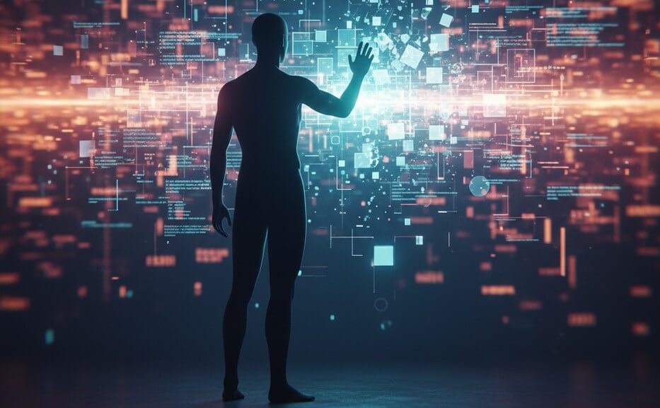 Una silueta humana analizando fragmentos de datos brillantes, simbolizando el discernimiento y el pensamiento crítico frente a la inteligencia artificial