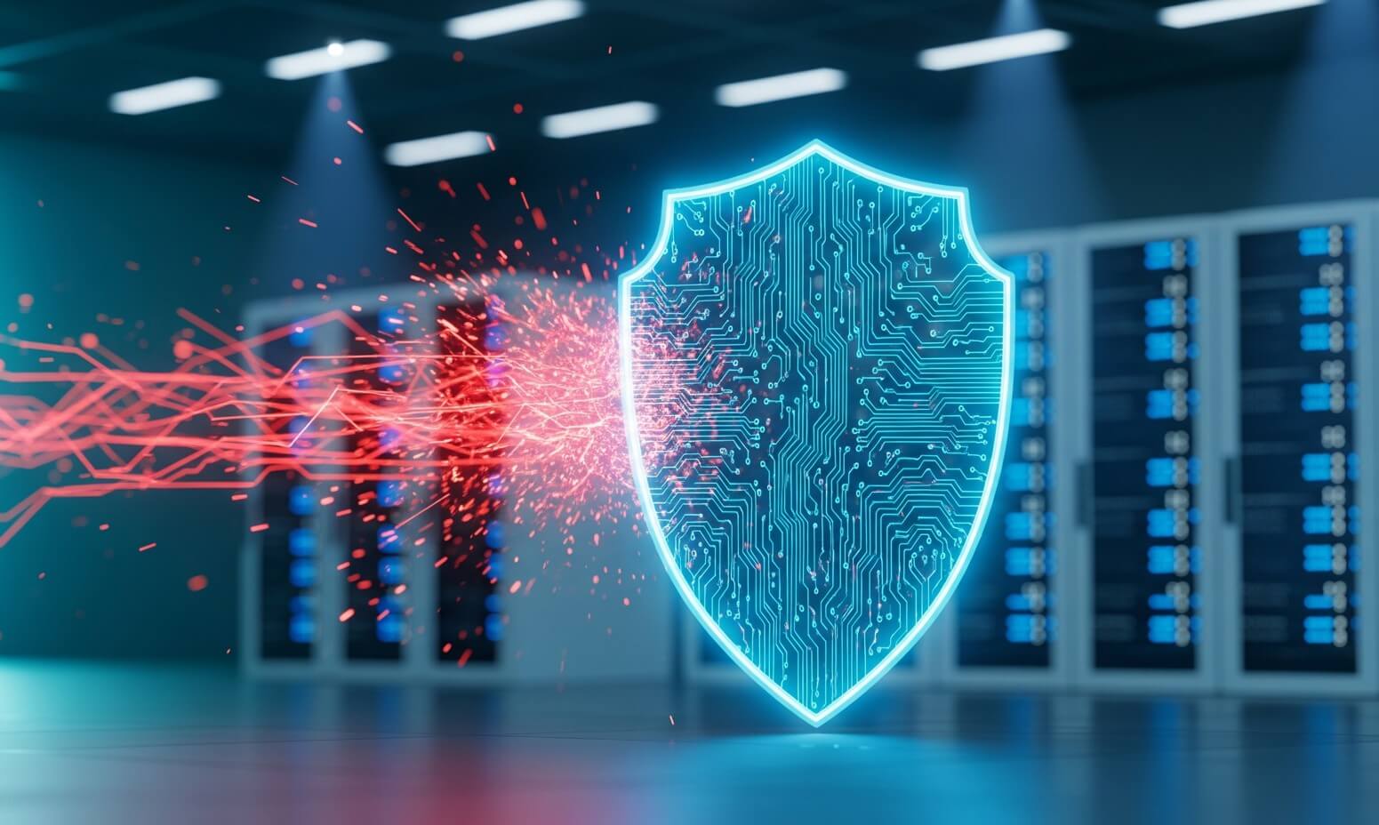Escudo digital brillante protegiendo una red de servidores contra amenazas y código malicioso