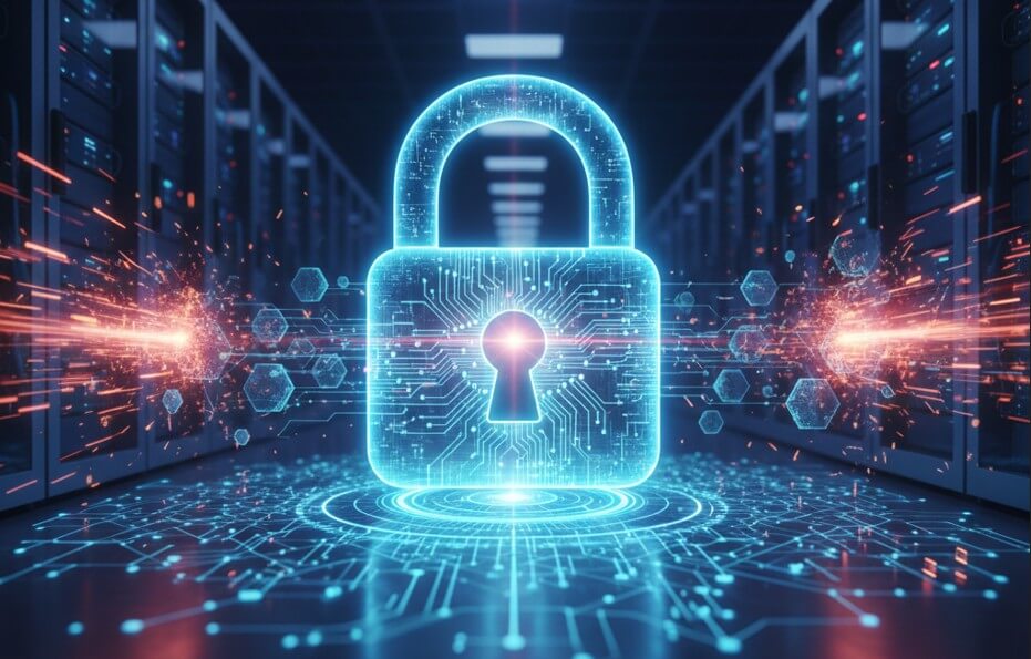 Candado digital brillante protegiendo una red de datos global, simbolizando la privacidad y la seguridad de la información
