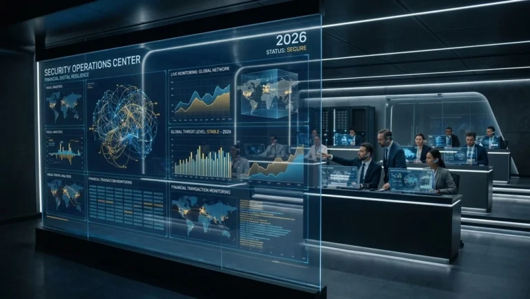 Centro de Operaciones de Seguridad (SOC) bancario del futuro con pantallas de datos en tiempo real y analistas trabajando en ciberseguridad financiera