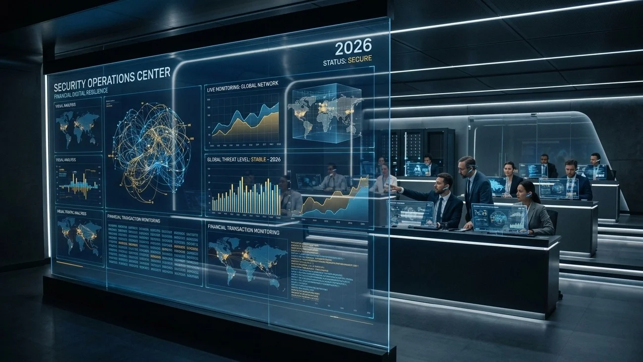 Centro de Operaciones de Seguridad (SOC) bancario del futuro con pantallas de datos en tiempo real y analistas trabajando en ciberseguridad financiera