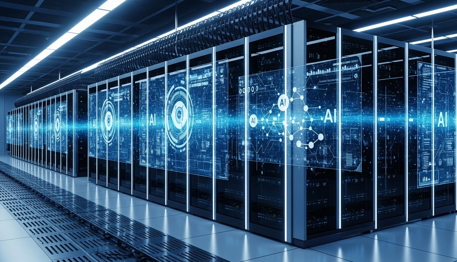 Visión futurista de un centro de datos en 2026 con interfaces holográficas y monitorización mediante inteligencia artificial