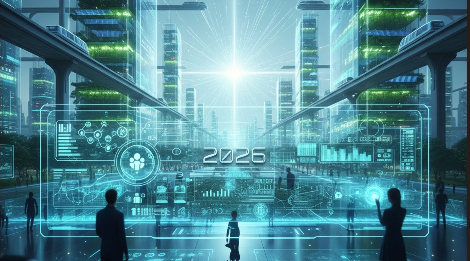 Visión futurista de las tendencias tecnológicas de 2026 con redes neuronales, energía sostenible y ciudades inteligentes interconectadas