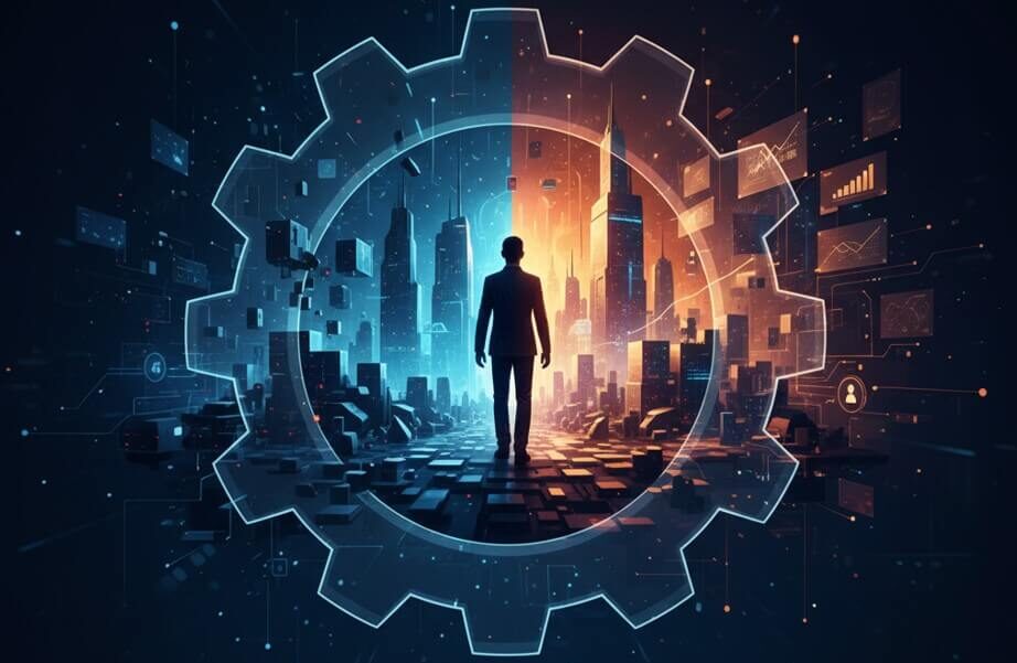 Silueta de un líder frente a una ciudad tecnológica dentro de un engranaje digital, simbolizando la transformación digital humana