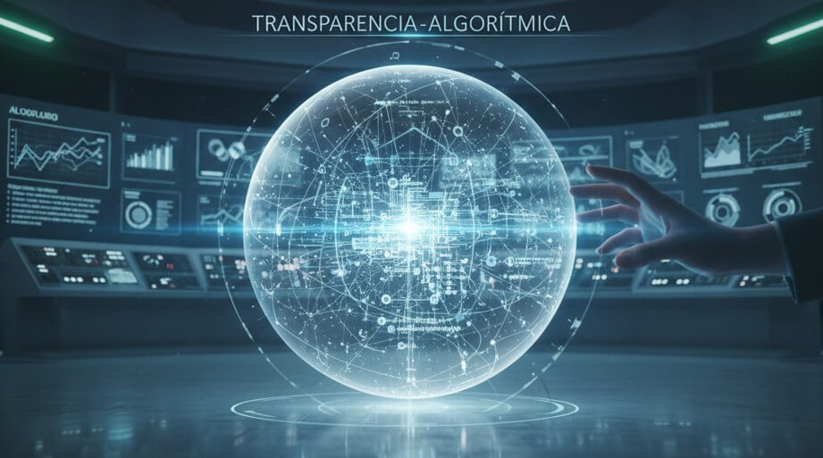 Representación visual de transparencia algorítmica mediante una esfera de datos cristalina que revela procesos internos de inteligencia artificial