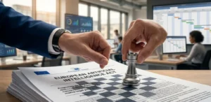 Un profesional aplicando Project Management EU AI Act en una oficina moderna.