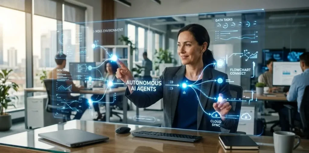Profesional gestionando agentes de IA autónomos en una interfaz digital fluida en una oficina moderna