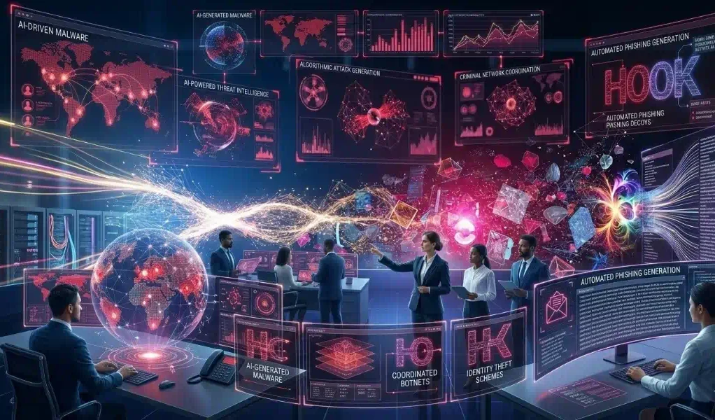 Interfaz digital oscura con una IA avanzada coordinando botnets y generando malware, visualizada con flujos de datos en rojo y púrpura