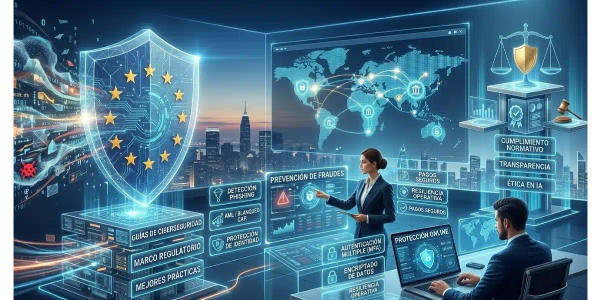 Infografía digital profesional sobre ciberseguridad bancaria que muestra módulos de prevención de fraudes, guías de cumplimiento normativo, detección de phishing y sistemas de protección online en un entorno financiero moderno