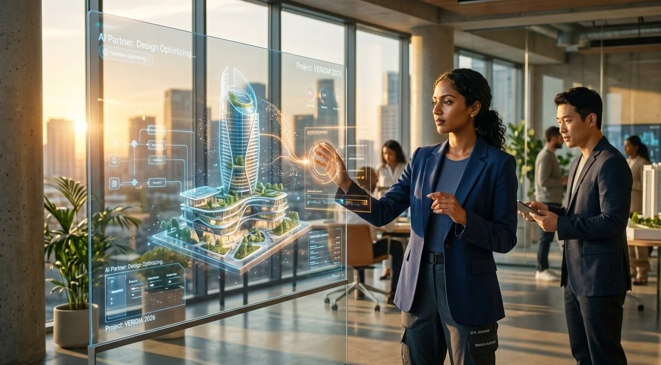 Profesional trabajando en un proyecto arquitectónico junto a una interfaz de IA holográfica en una oficina moderna, simbolizando la colaboración humano-IA