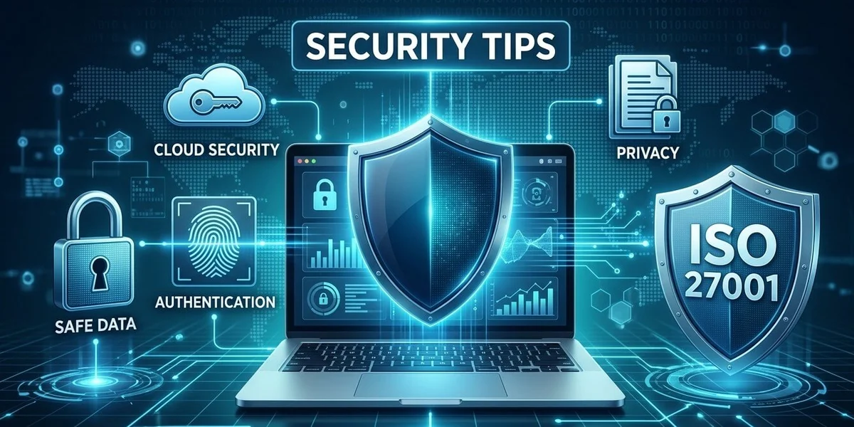 Infografía profesional de consejos de seguridad digital y protección de datos con certificación ISO 27001