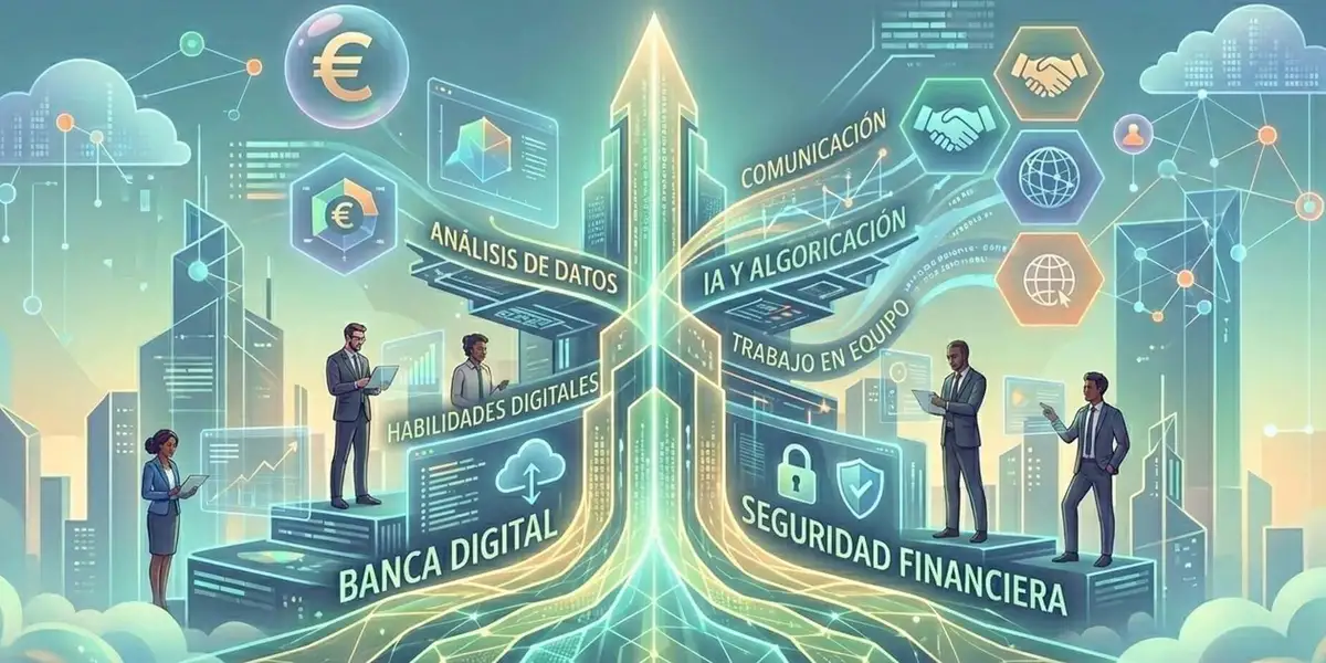Ilustración conceptual sobre el sector financiero moderno, destacando banca digital, seguridad financiera, análisis de datos e inteligencia artificial en un entorno urbano tecnológico