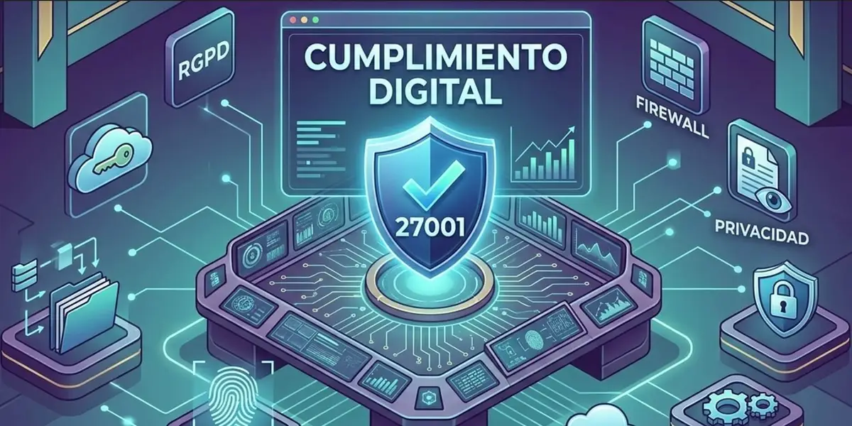 Infografía profesional del entorno corporativo para el Compliance Digital y el cumplimiento de la norma ISO 27001 con iconos de privacidad y RGPD