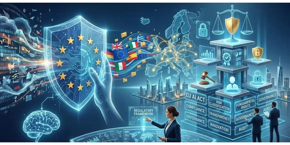 Representación visual de la Ley de Inteligencia Artificial de la UE, mostrando un escudo con las estrellas de Europa protegiendo un cerebro digital, balanzas de justicia y términos de cumplimiento normativo