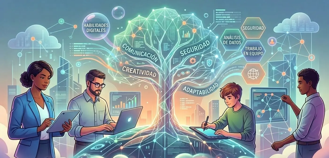 Ilustración conceptual de un árbol tecnológico rodeado de profesionales usando dispositivos digitales, representando habilidades como creatividad, seguridad y análisis de datos