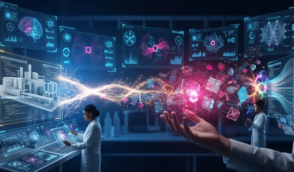 Mano humana interactuando con un flujo de partículas digitales que se transforman en formas geométricas y datos, representando la creación mediante Inteligencia Artificial Generativa