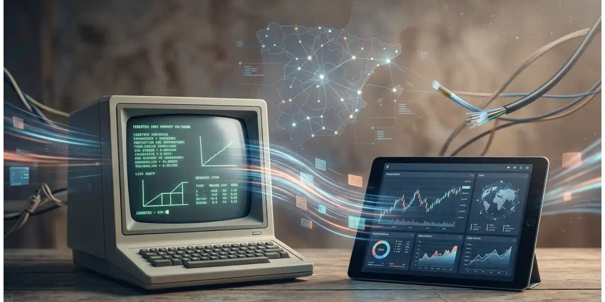 Ilustración de la evolución tecnológica en España, mostrando un terminal antiguo tipo Ibertex conectado por estelas digitales a una tablet moderna con gráficos financieros