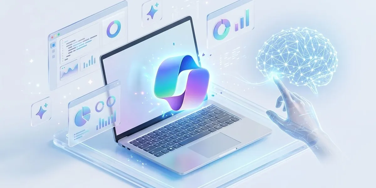 Ilustración de Microsoft Copilot mostrando la integración de IA en el flujo de trabajo digital y productividad empresarial