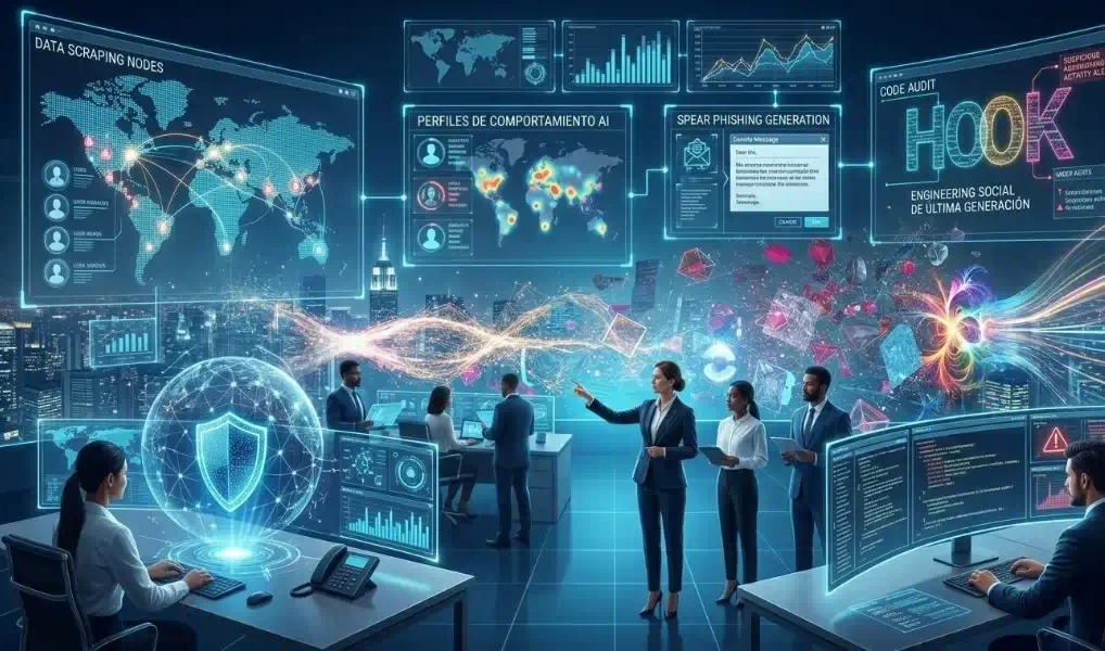Ilustración de un ataque de phishing inteligente que muestra una IA analizando datos para crear mensajes engañosos y un escudo digital bloqueando un anzuelo de código