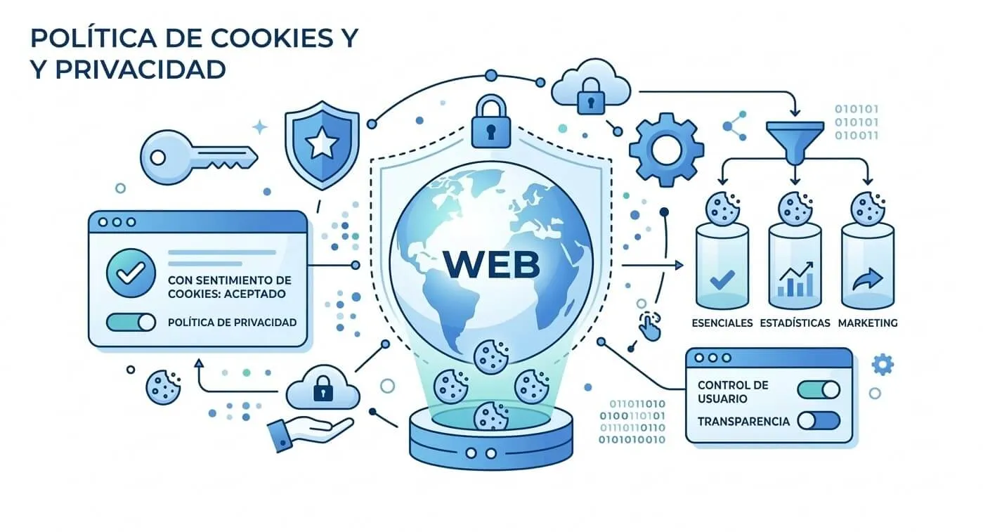 Ilustración conceptual sobre política de cookies, privacidad de datos y seguridad web en joseenrique.es