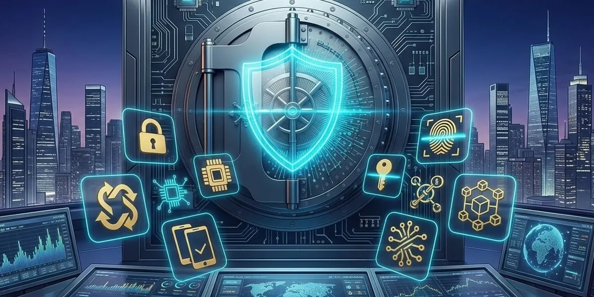 Caja fuerte futurista con escudo digital y paneles de control en un centro de seguridad bancaria con vistas a la ciudad