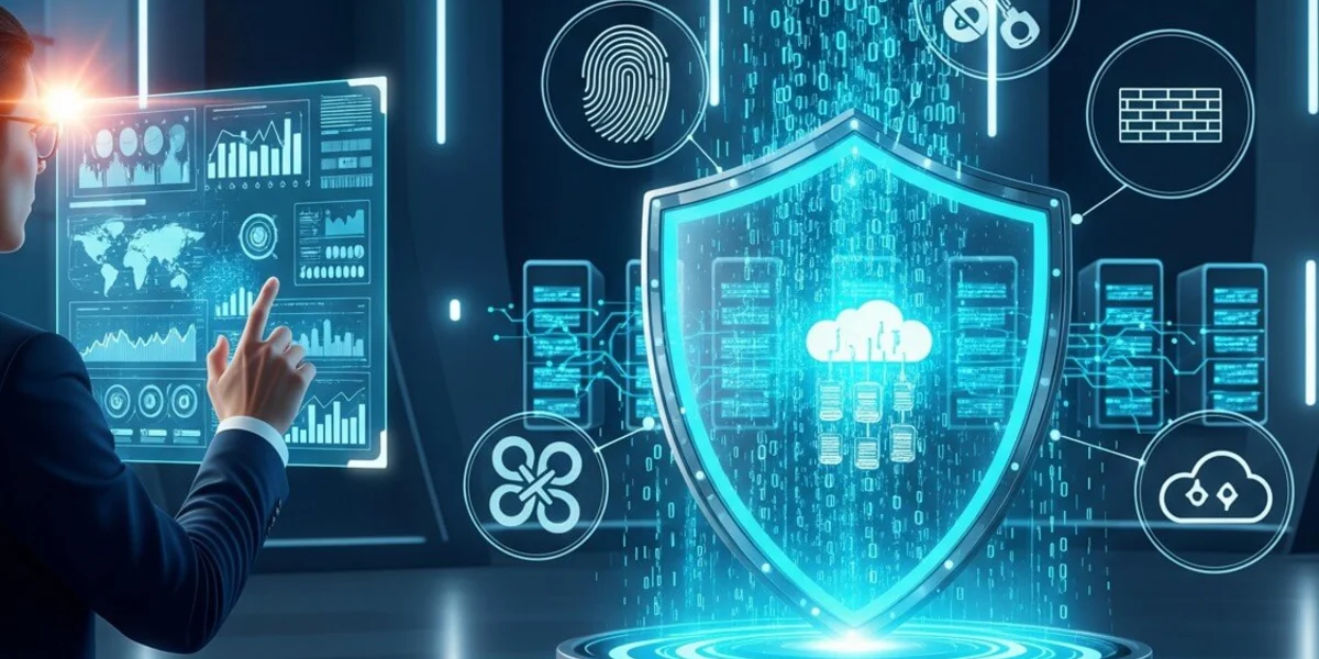 Ilustración de un escudo digital protegiendo datos en la nube y servidores, con iconos de biometría y encriptación en un entorno de ciberseguridad profesional
