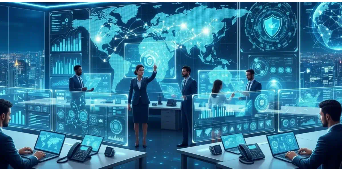 Centro de control de seguridad digital con pantallas holográficas, mapas de red globales y profesionales monitorizando amenazas de ciberseguridad