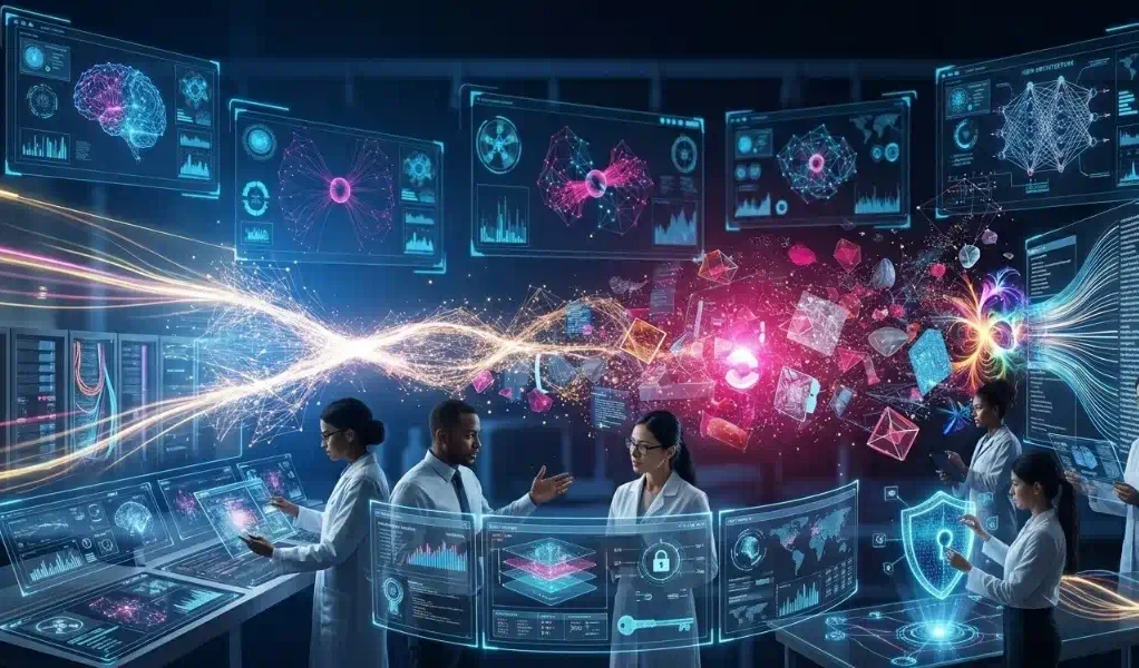 Escudo digital protegiendo servidores en un centro de datos moderno con una bóveda electrónica abierta y monitoreo de seguridad.