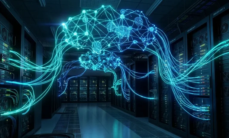 Ilustración conceptual de AIOps: inteligencia artificial gestionando infraestructura IT en tiempo real